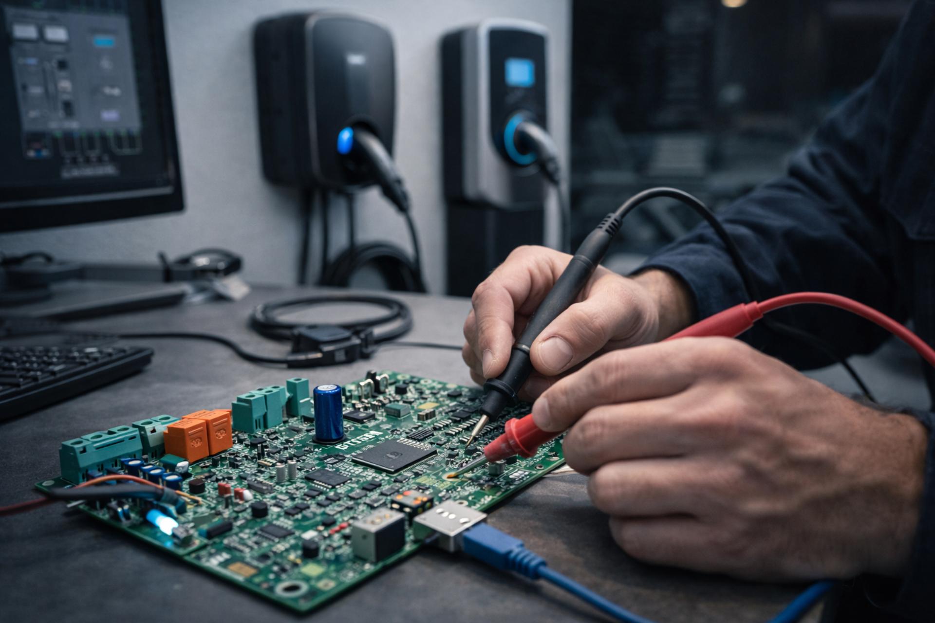 Stock Technicus Werkt Aan Elektrisch Voertuig PCB